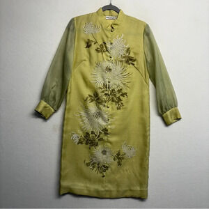 VTG Alfred Shaheen Shift Midi Dress 10 / S Green Yellow Floral Mandarin Collar